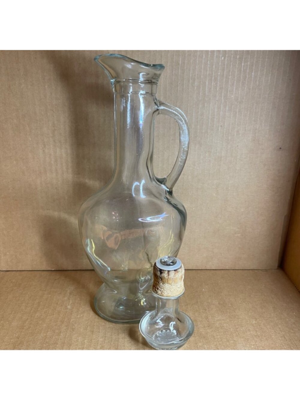 Vintage Clear Glass Wine Decanter 12” Cruet Style with Cork Glass Stopper & Hand - Picture 3 of 8